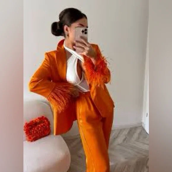 Zara Orange Satin Blazer with Feathers - Picture 3 of 8